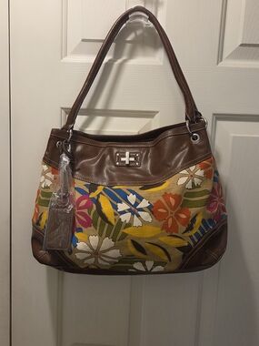 Relic Brown Floral Canvas Shoulder Bag with Multicolor Print